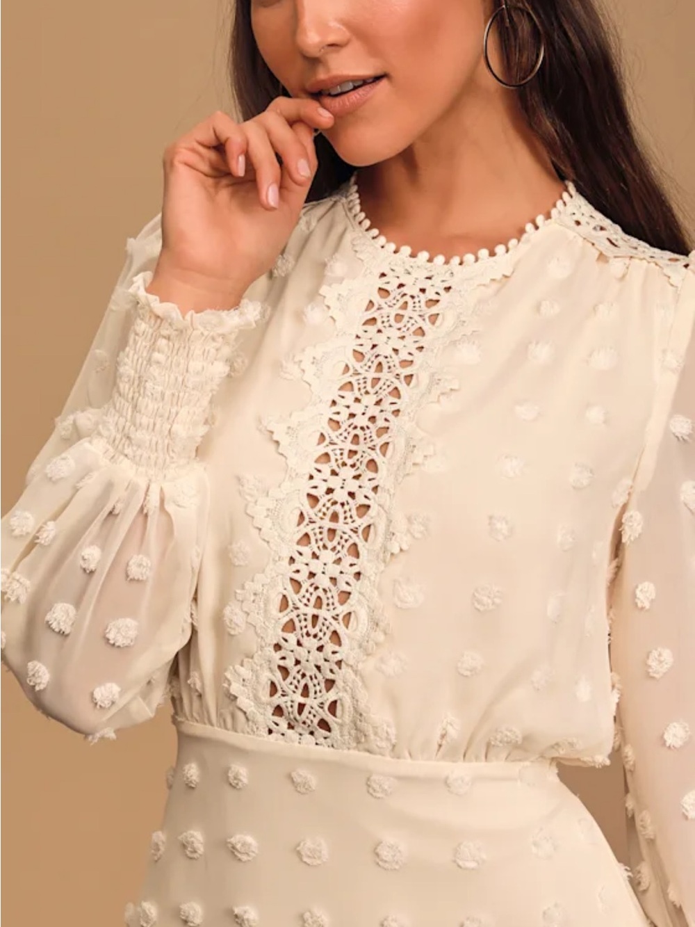 Lulu's Cream Swiss Dot Lace-Trim Mini Dress - Picture 2 of 5
